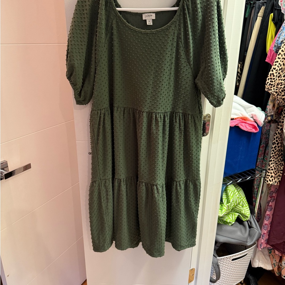 J. Crew Olive Textured Tiered Dress